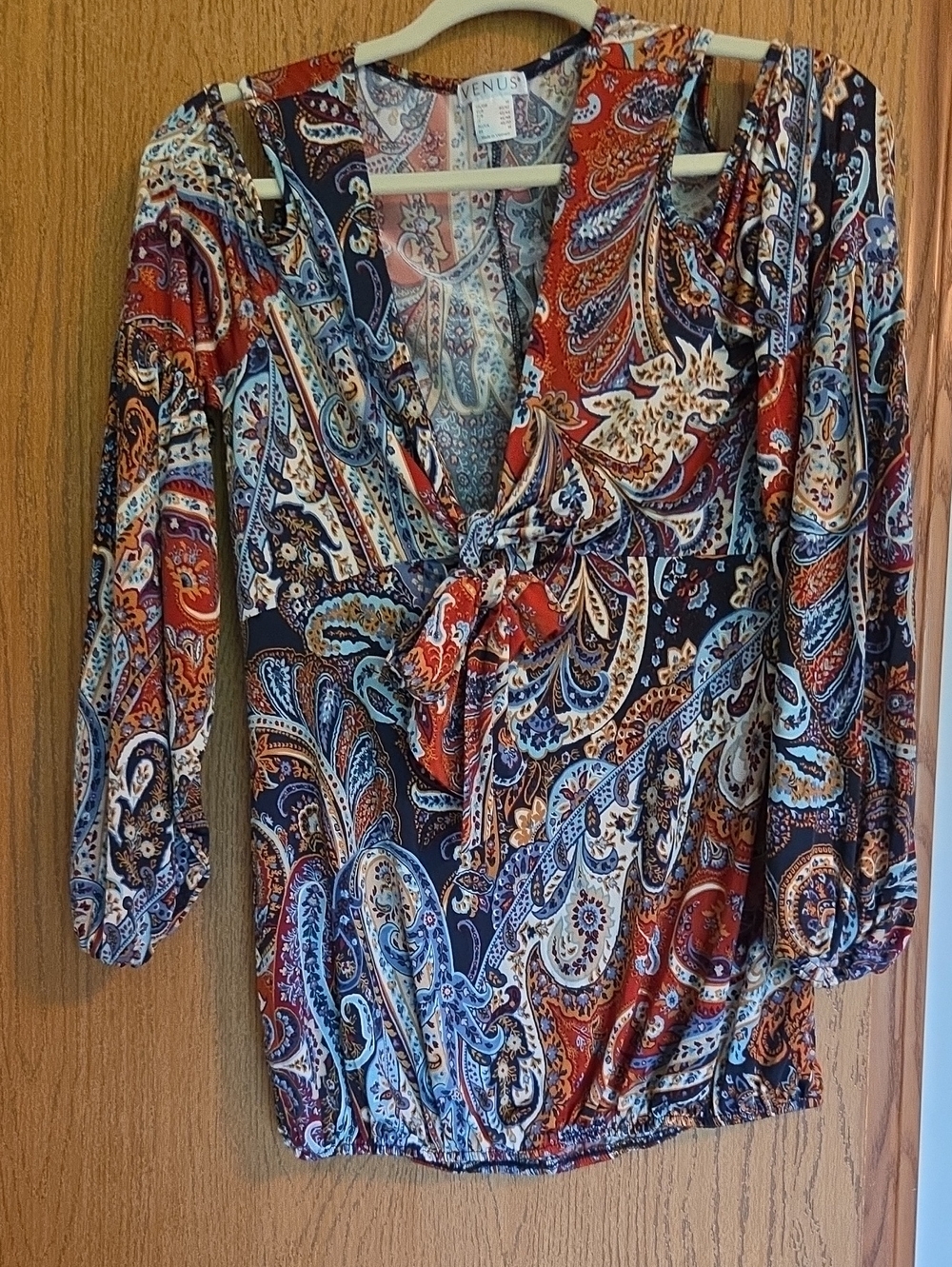 VENUS Paisley Tie-Front Blouse in Navy, Rust & Cream